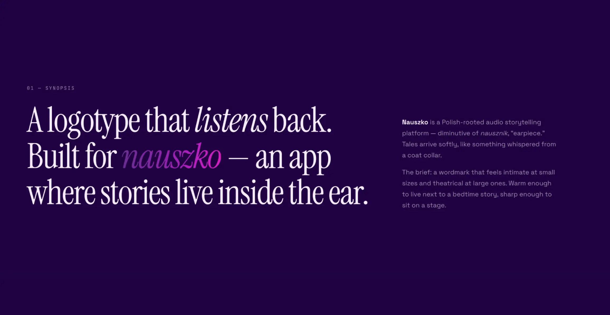 Brand identity for NAUSZKO — an audio storytelling application.